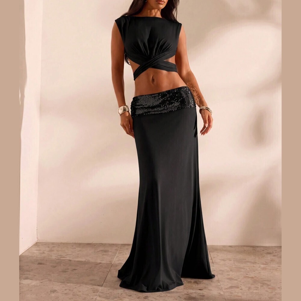 Black Twist Front Crop Top and Sequin Waist Maxi Skirt Set